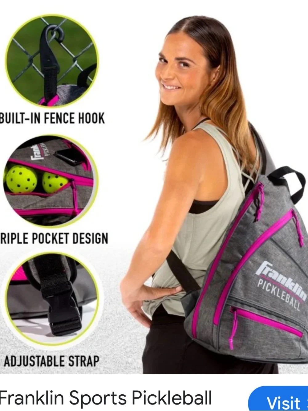 FRANKLIN SPORTS PICKLEBALL GREY/PINK/BLACK SLING BAG